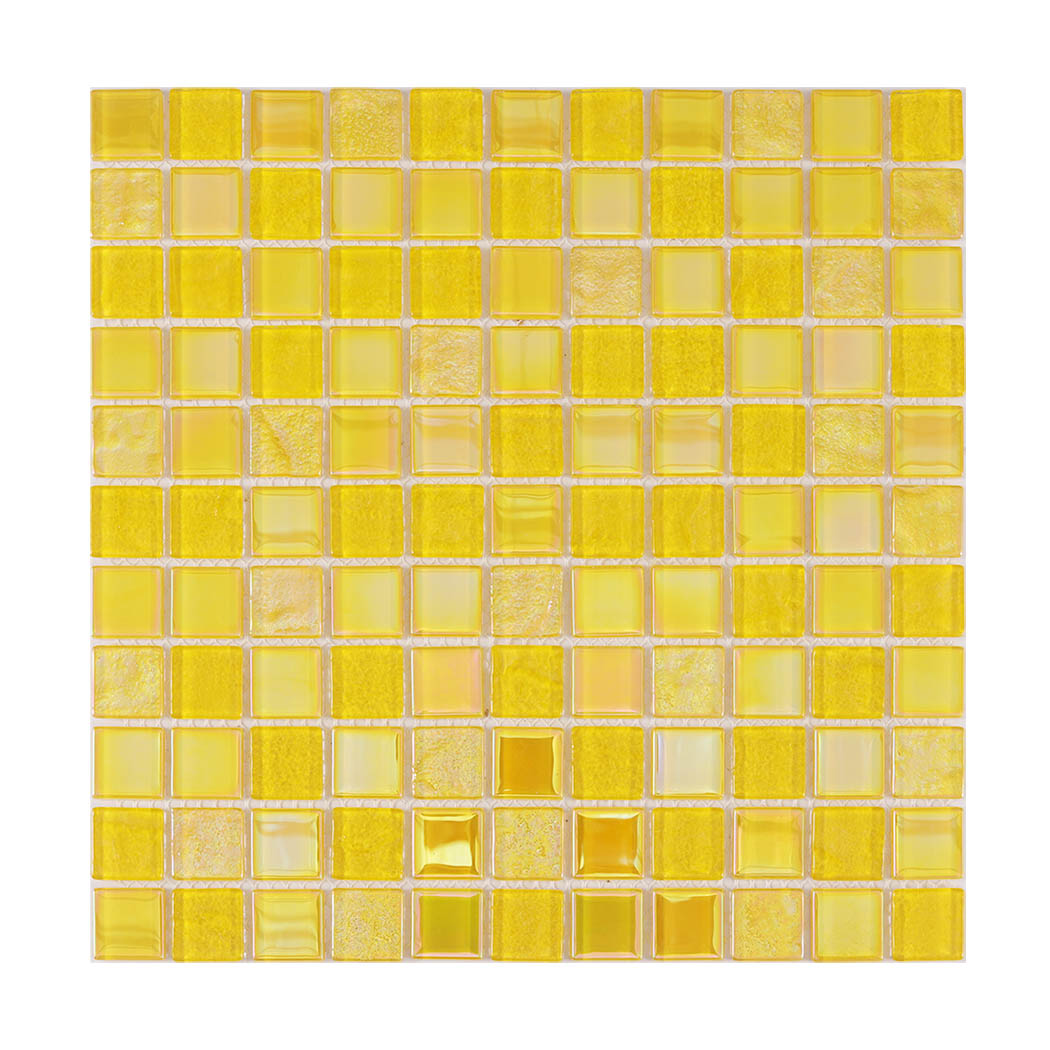 Yellow Iridescent Square Crystal Glass Mosaic  Kitchen Backsplashes, Bathroom Walls and Pools Tile