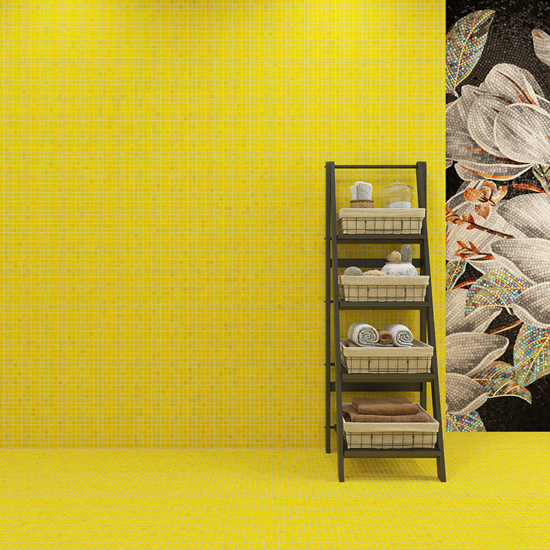 Yellow square mosaic tiles used on wall and floor in a bright room