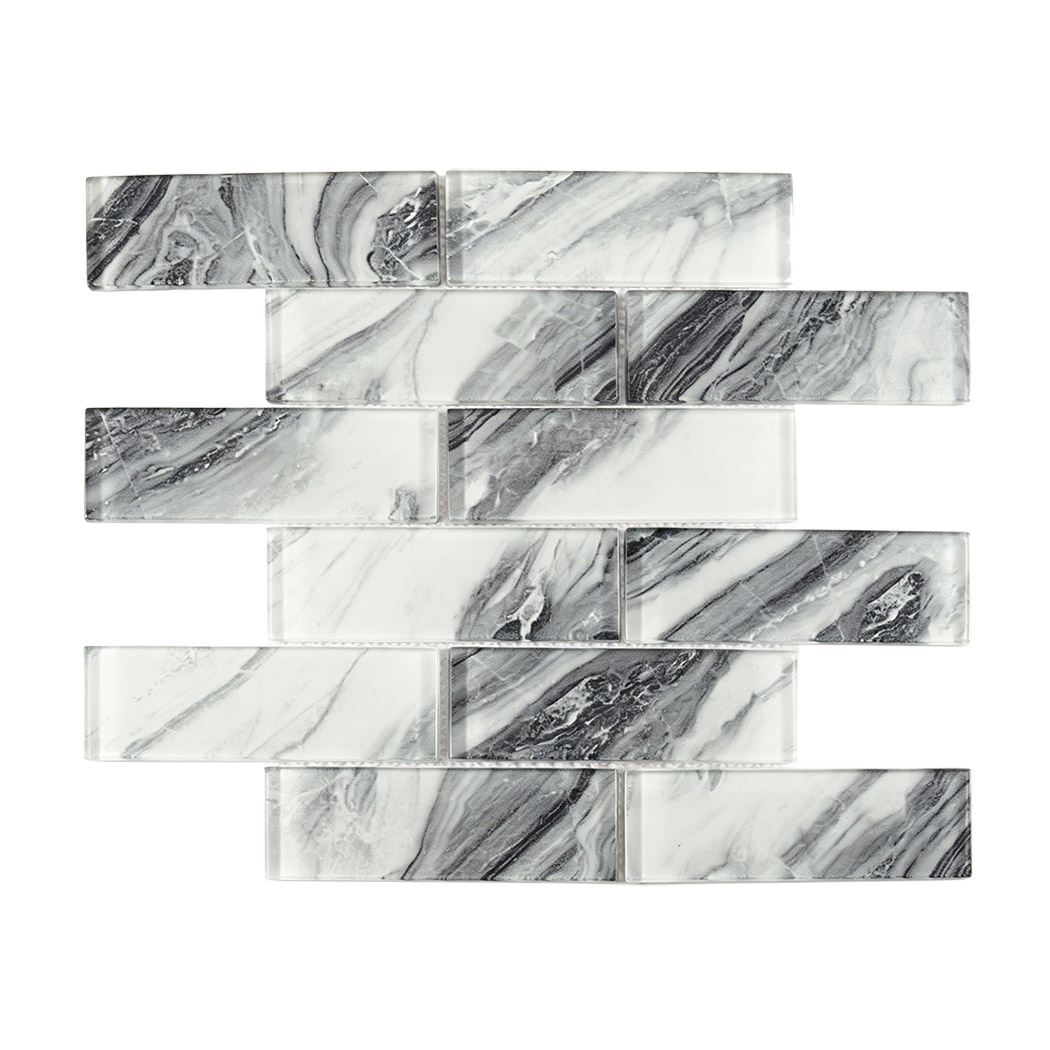 Black gray veined glass subway tile sheet in staggered brick layout