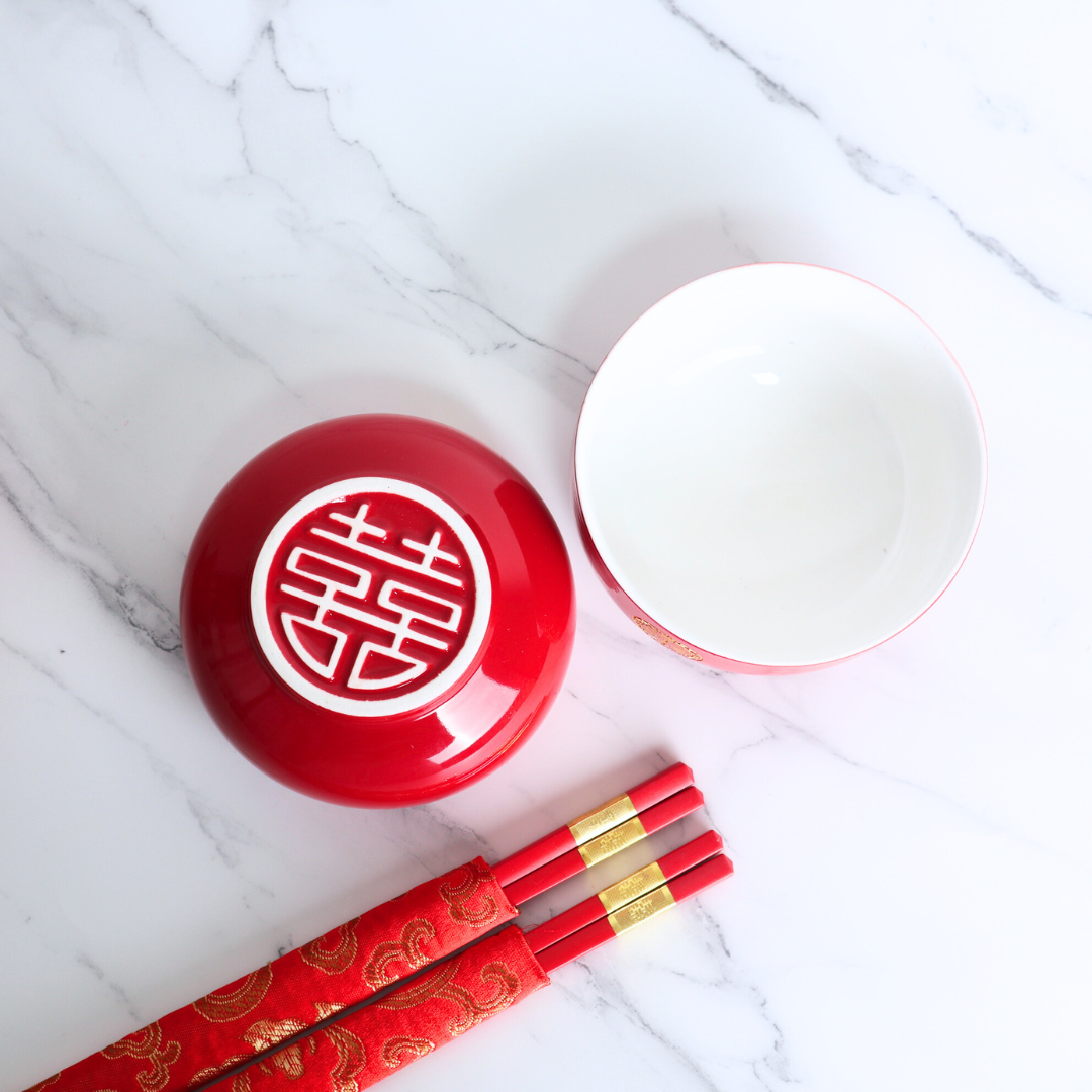 Chinese Wedding Teacup & Bowl Set 敬茶碗具 | Glossy Red