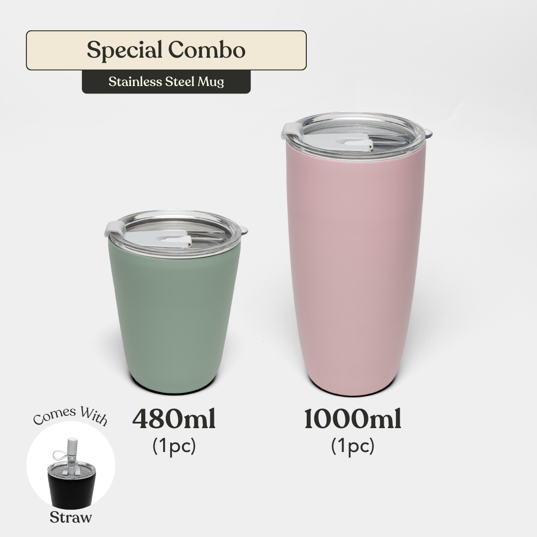 Special Combo: Stainless Steel Mug 1000ml (1pc) + Stainless Steel Mug 480ml (1pc)