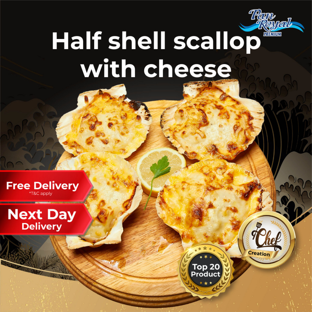 [PAN ROYAL] Frozen Half Shell Scallop with Cheese 6 pcs-Pan Ocean Singapore - Sea Through Us.