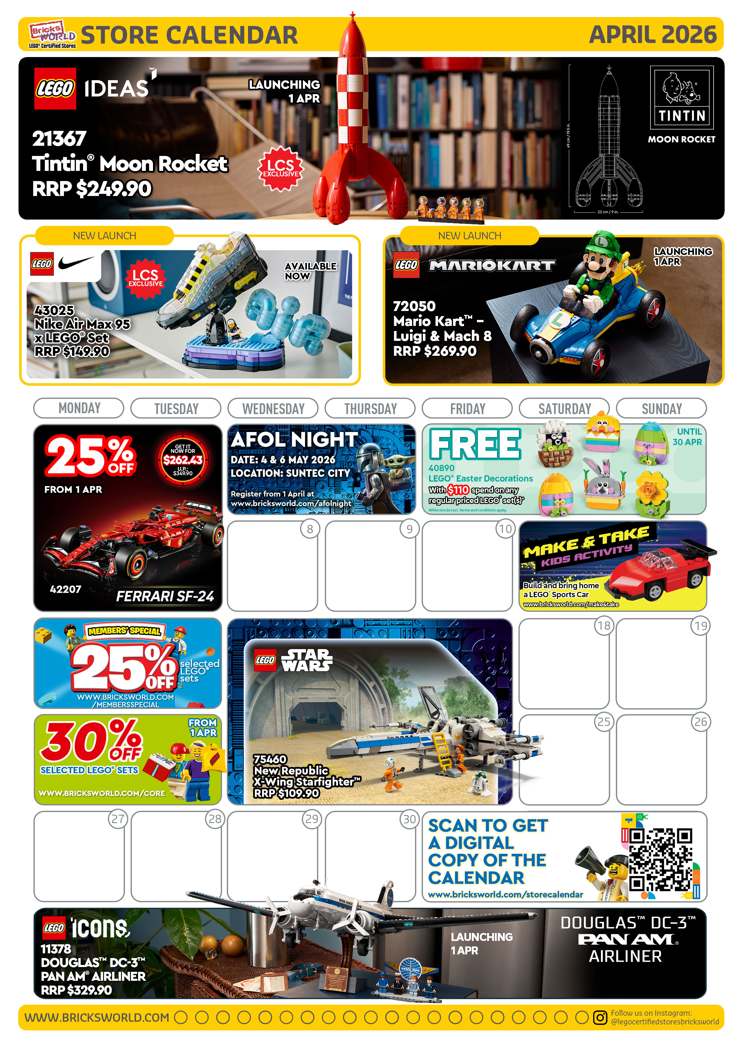 LEGO Certified Stores Bricks World April 2026 Store Calendar 202604 Calendar FRONT V310326 
