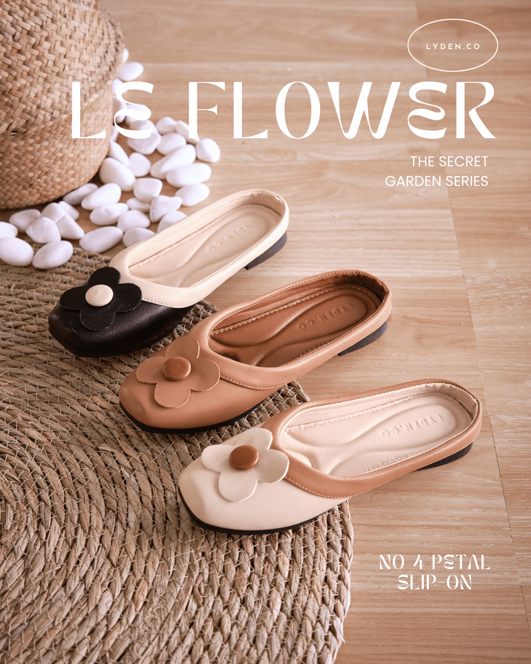 【Le Flowers The Secret Garden Series】No.4 Petal Slip-On Womens Flats/ Womens floral flats /Kasut Bunga Perempuan - Classic Black//Brown//Beige