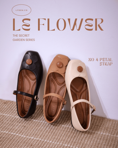 【Le Flowers The Secret Garden Series】No.4 Petal Strap Womens Flats/ Womens floral flats /Kasut Bunga Perempuan - Classic Black//Brown//Beige