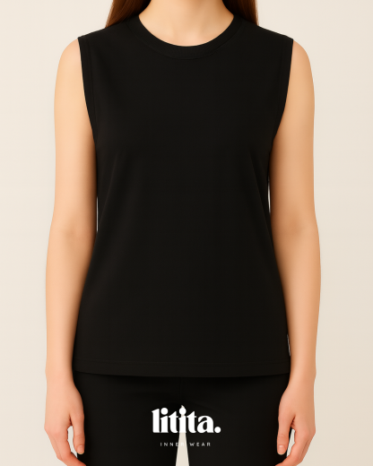 【Litita Silky Sleek】Tops / Sleeveless Round Neckline innerwear - Black // White // Nude
