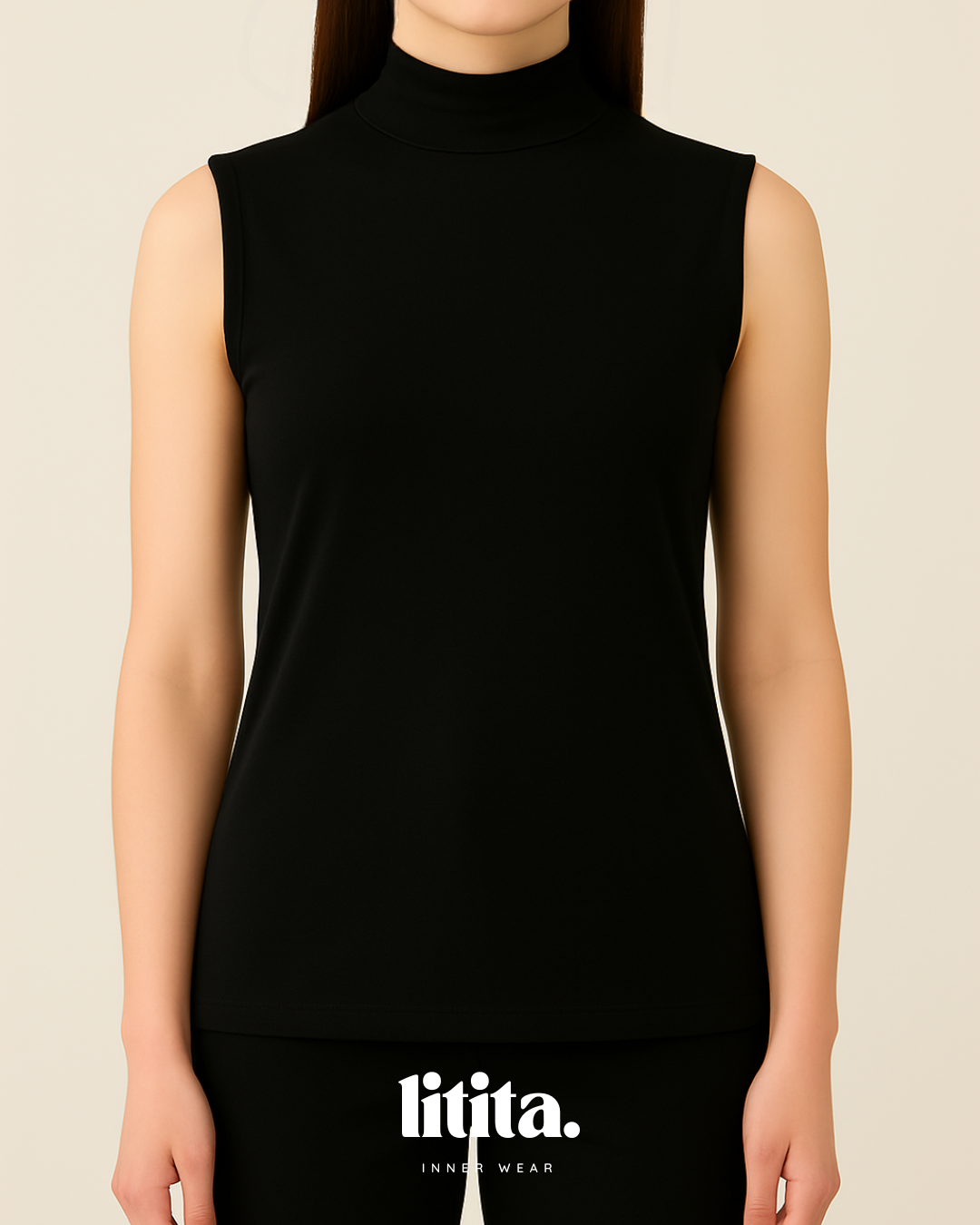 【Litita Silky Sleek】Tops / Sleeveless Turtle Neckline innerwear -Black // White // Nude