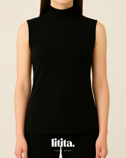 【Litita Silky Sleek】Tops / Sleeveless Turtle Neckline innerwear -Black // White // Nude