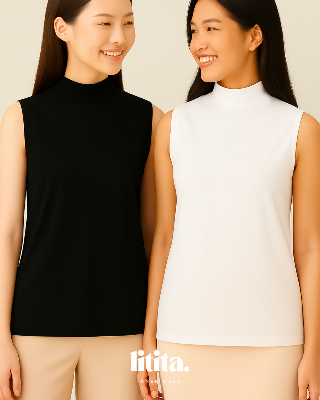 【Litita Silky Sleek】Tops / Sleeveless Turtle Neckline innerwear -Black // White // Nude