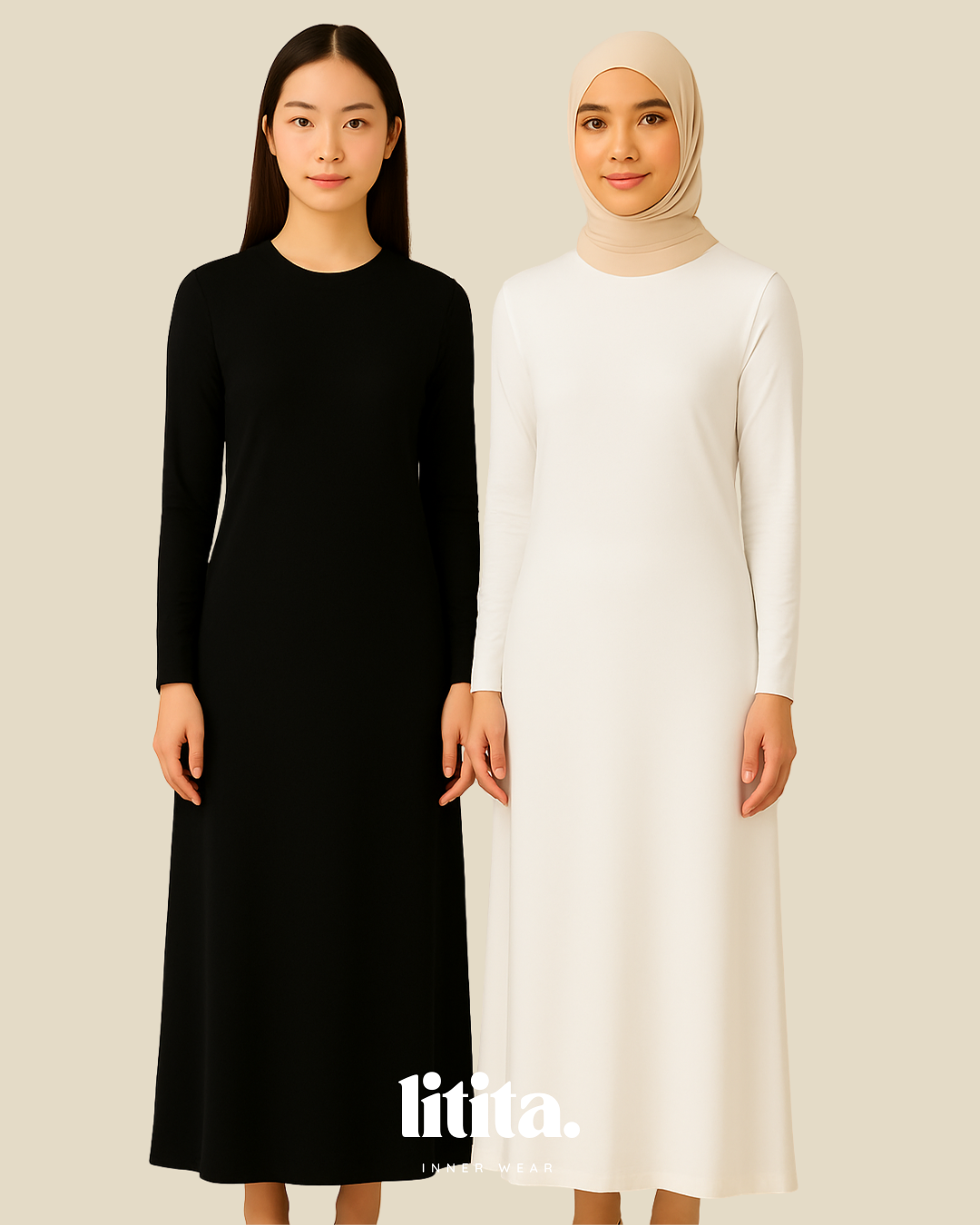 【Litita Silky Sleek】Inner Dress / Long-Sleeve Round Neckline innerwear - Black // White // Nude