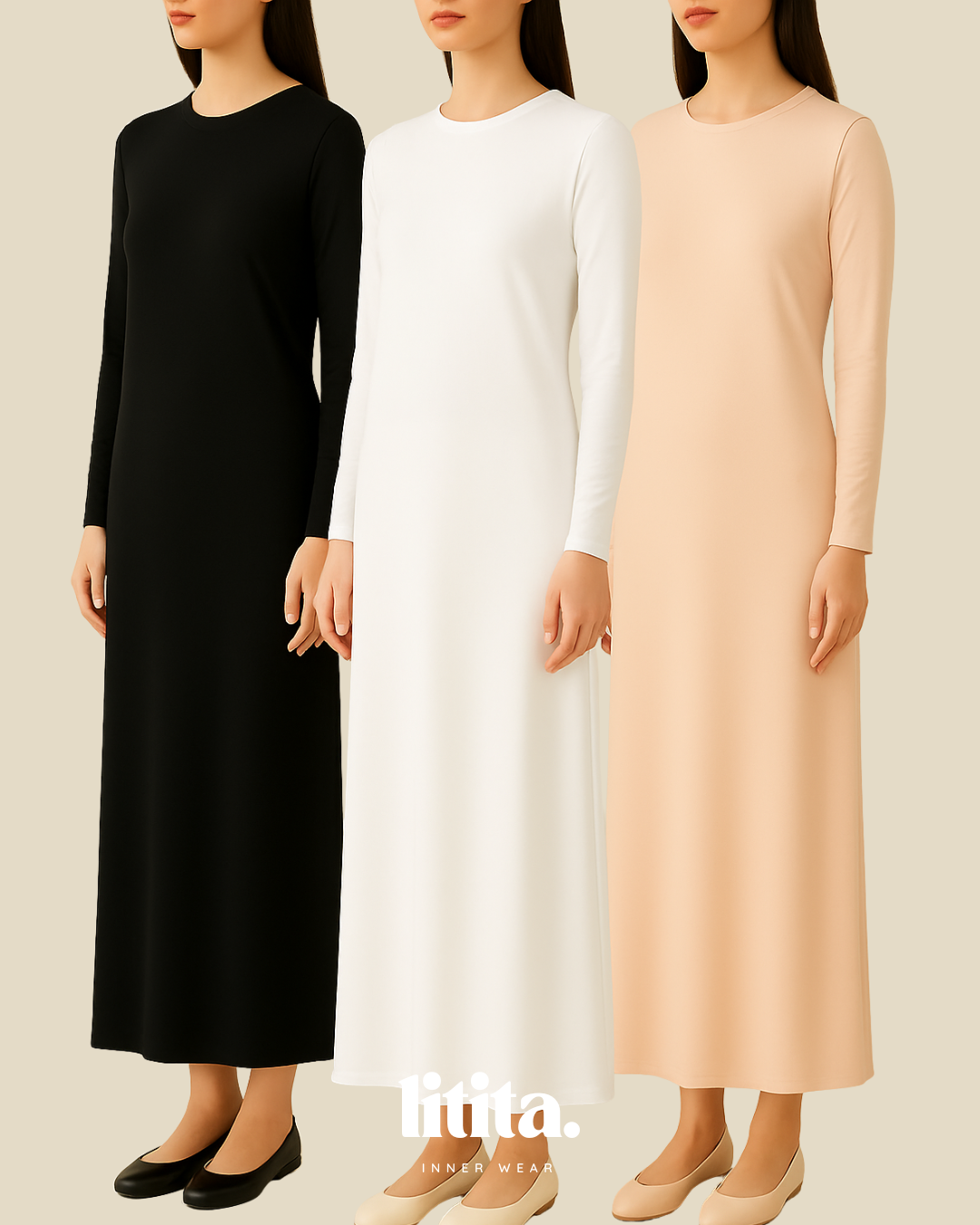 【Litita Silky Sleek】Inner Dress / Long-Sleeve Round Neckline innerwear - Black // White // Nude