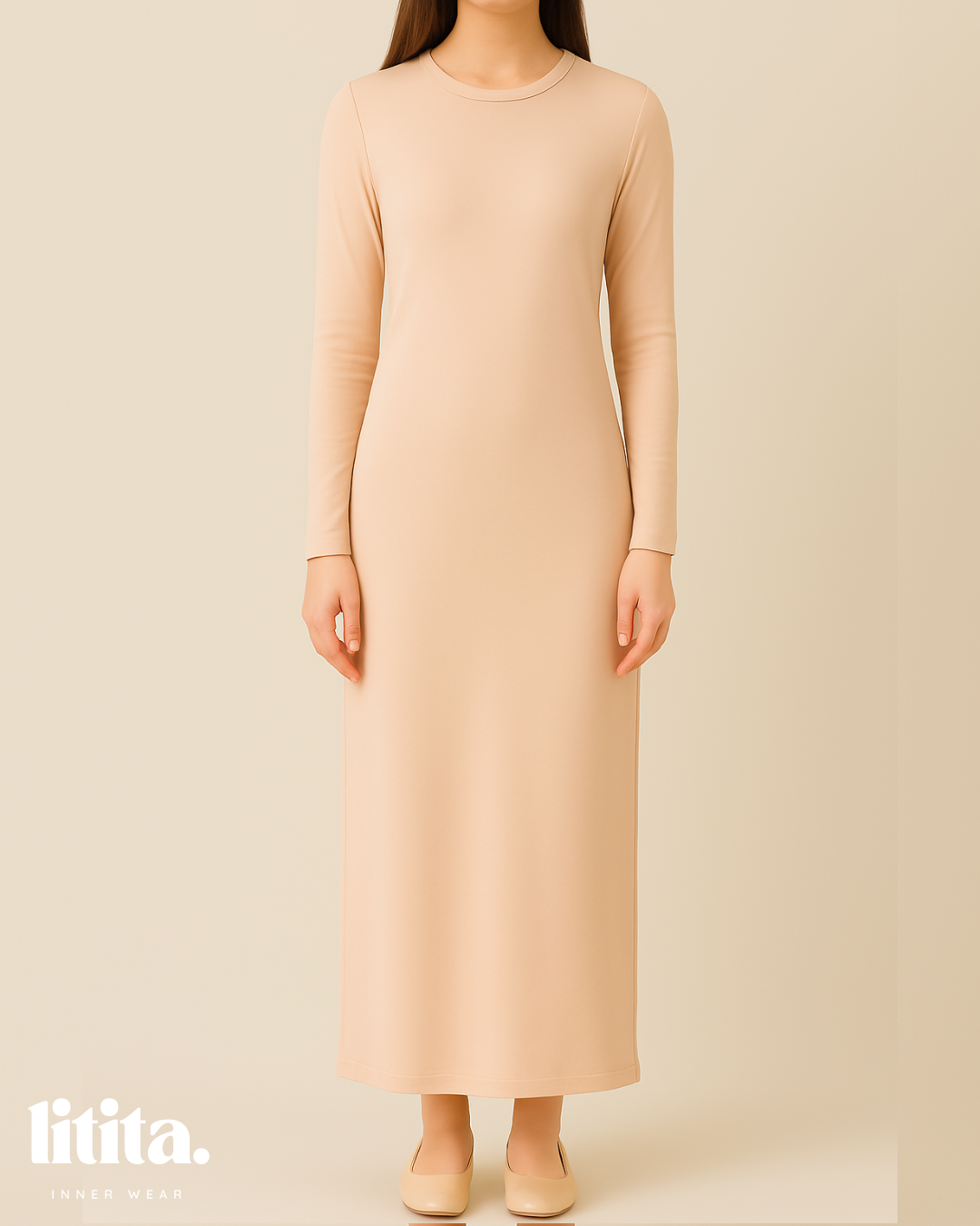 【Litita Silky Sleek】Inner Dress / Long-Sleeve Round Neckline innerwear - Black // White // Nude