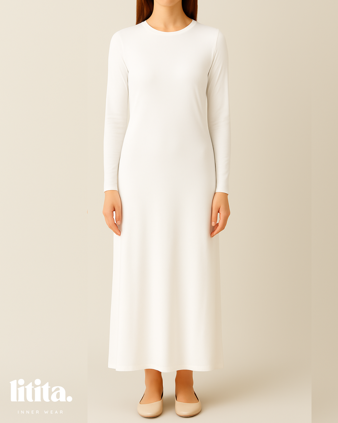 【Litita Silky Sleek】Inner Dress / Long-Sleeve Round Neckline innerwear - Black // White // Nude