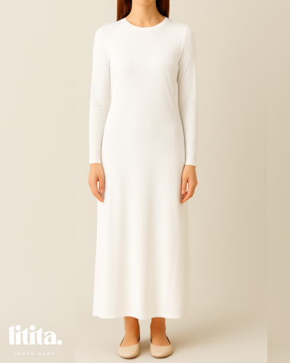 【Litita Silky Sleek】Inner Dress / Long-Sleeve Round Neckline innerwear - Black // White // Nude