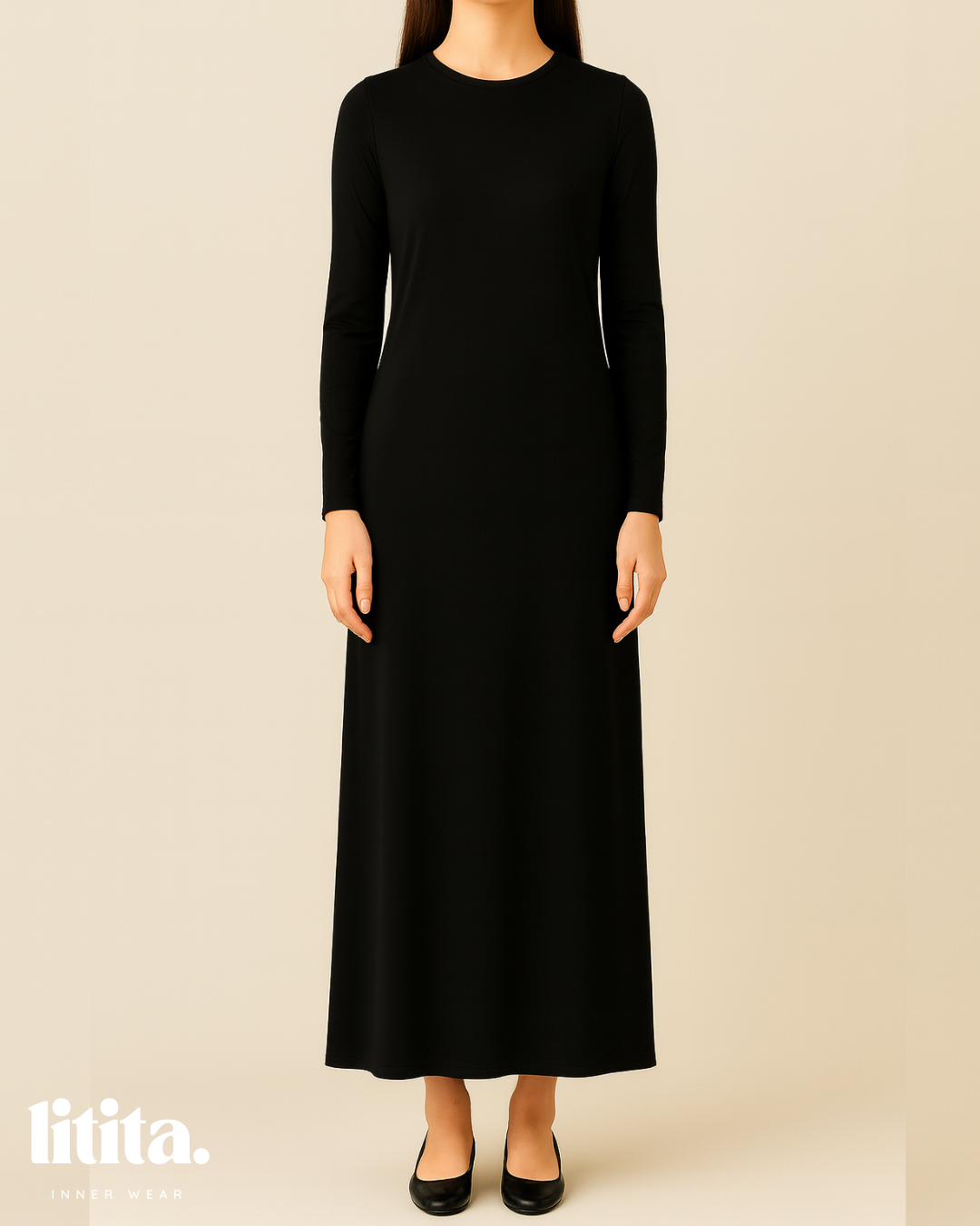 【Litita Silky Sleek】Inner Dress / Long-Sleeve Round Neckline innerwear - Black // White // Nude