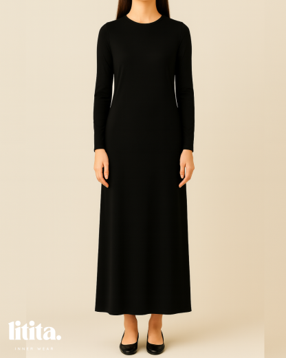 【Litita Silky Sleek】Inner Dress / Long-Sleeve Round Neckline innerwear - Black // White // Nude