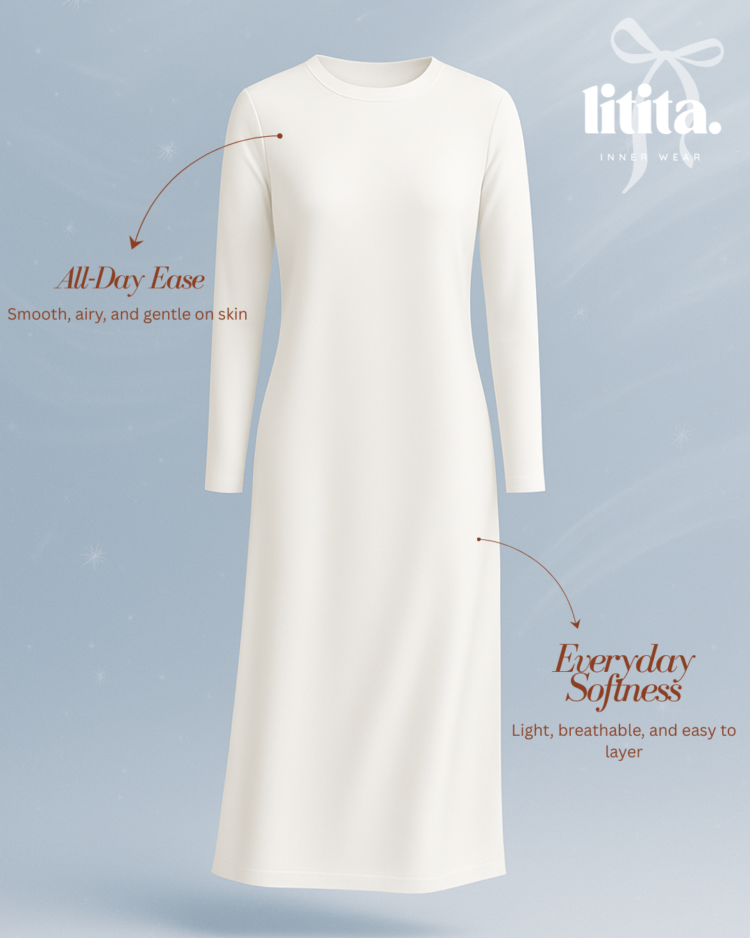 【Litita Silky Sleek】Inner Dress / Long-Sleeve Round Neckline innerwear - Black // White // Nude