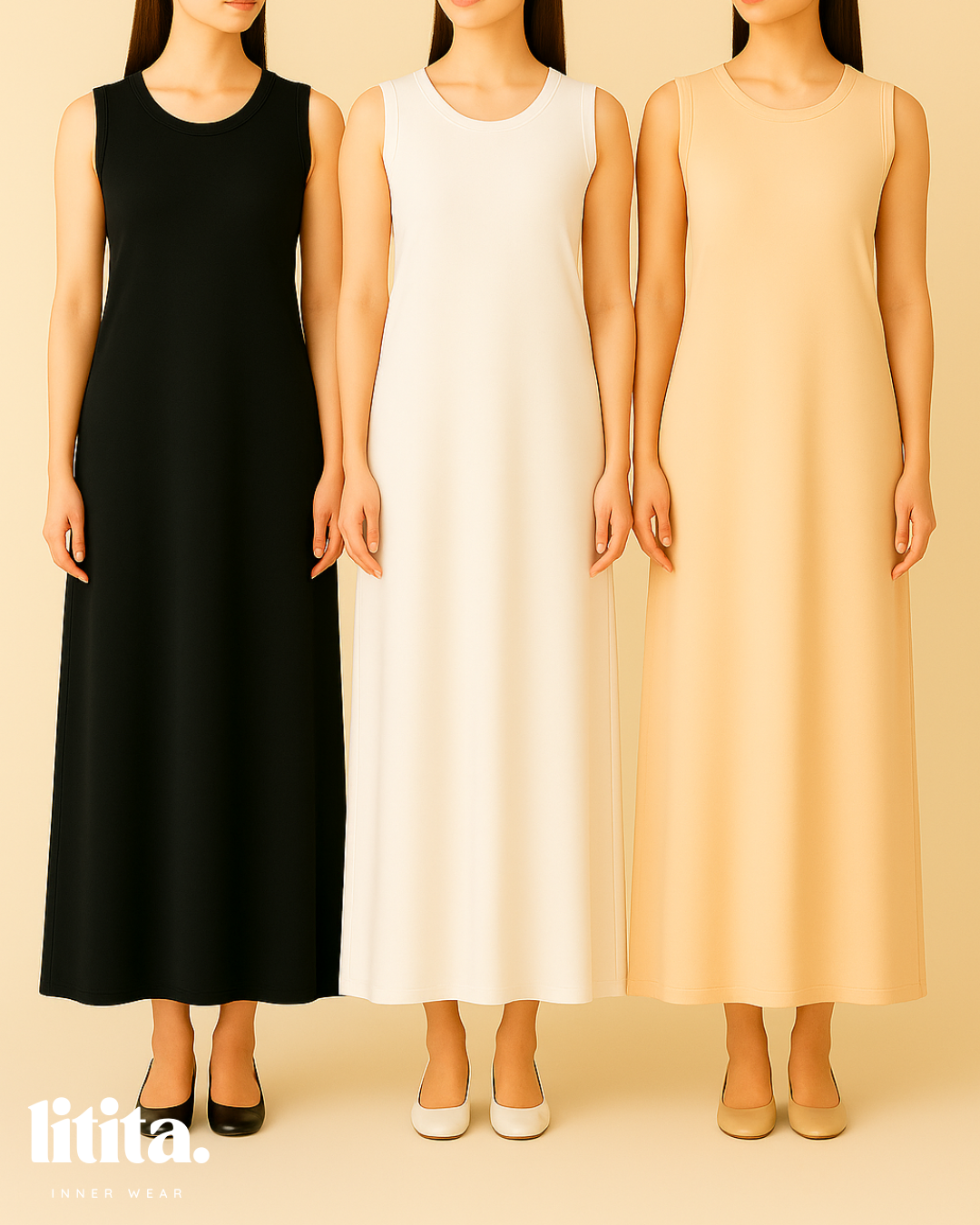【Litita Silky Sleek】Inner Dress / Sleeveless Round Neckline innerwear - Black // White // Nude