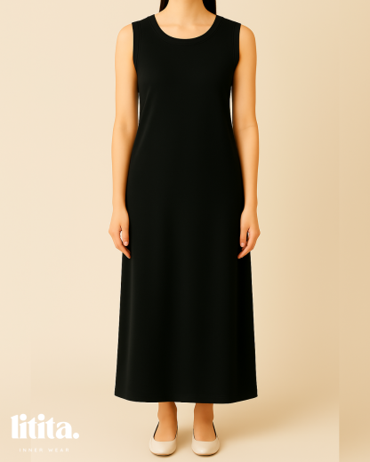 【Litita Silky Sleek】Inner Dress / Sleeveless Round Neckline innerwear - Black // White // Nude