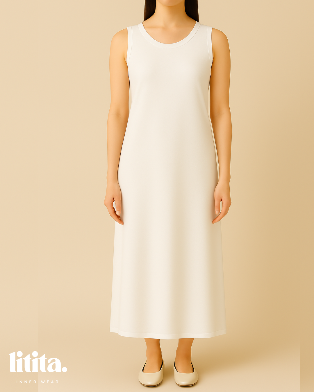 【Litita Silky Sleek】Inner Dress / Sleeveless Round Neckline innerwear - Black // White // Nude