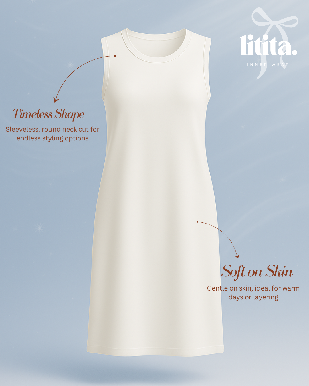 【Litita Silky Sleek】Inner Dress / Sleeveless Round Neckline innerwear - Black // White // Nude
