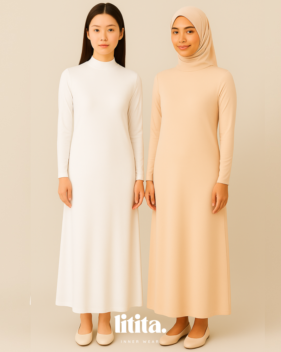 【Litita Silky Sleek】Inner Dress / Long-Sleeve Turtle Neckline innerwear / Wedding Inner- Black // White // Nude