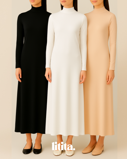 【Litita Silky Sleek】Inner Dress / Long-Sleeve Turtle Neckline innerwear / Wedding Inner- Black // White // Nude