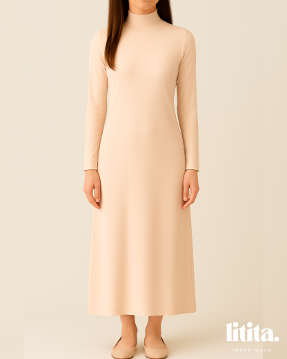 【Litita Silky Sleek】Inner Dress / Long-Sleeve Turtle Neckline innerwear / Wedding Inner- Black // White // Nude