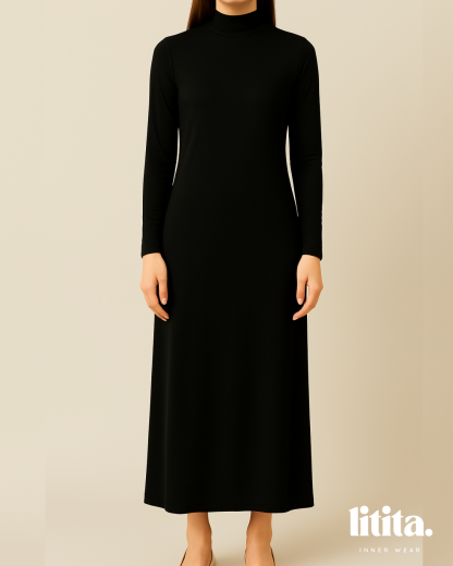 【Litita Silky Sleek】Inner Dress / Long-Sleeve Turtle Neckline innerwear / Wedding Inner- Black // White // Nude