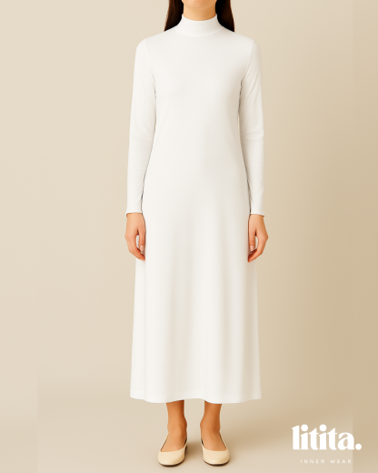 【Litita Silky Sleek】Inner Dress / Long-Sleeve Turtle Neckline innerwear / Wedding Inner- Black // White // Nude