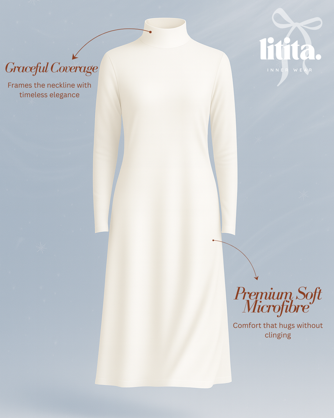 【Litita Silky Sleek】Inner Dress / Long-Sleeve Turtle Neckline innerwear / Wedding Inner- Black // White // Nude
