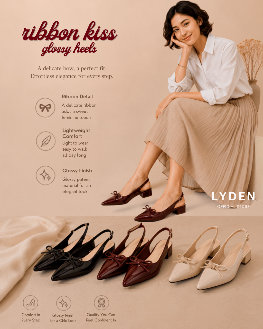【NEW】 Lyden Ribbon Kiss Glossy Series 4cm Pump Heels
