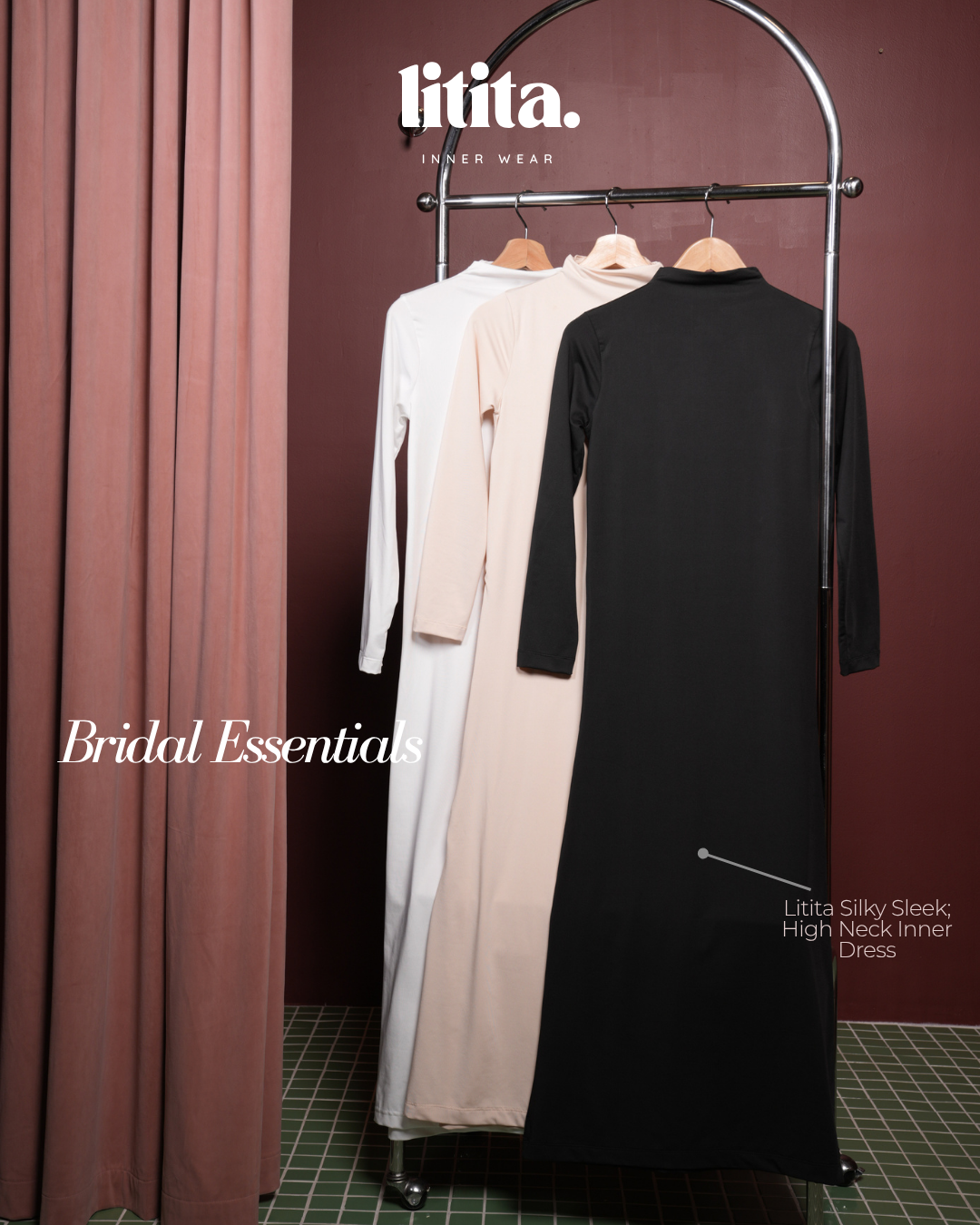 【Litita Silky Sleek】Inner Dress / Long-Sleeve  High Neck / Turtle Neckline innerwear / Wedding Inner- Black // White // Nude