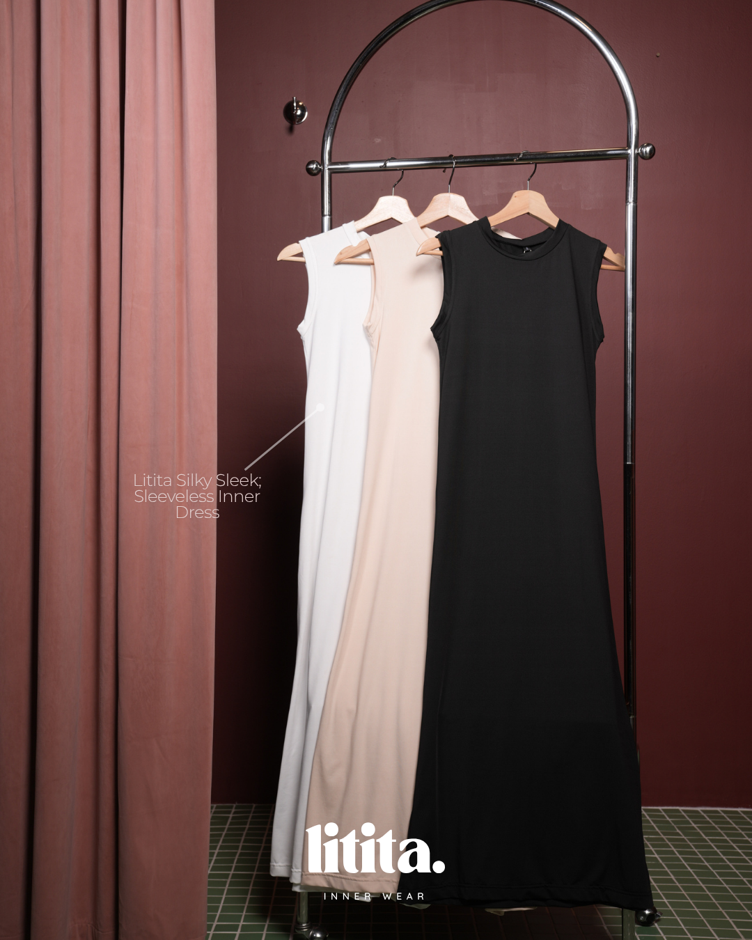 【Litita Silky Sleek】Inner Dress / Sleeveless Round Neckline innerwear - Black // White // Nude