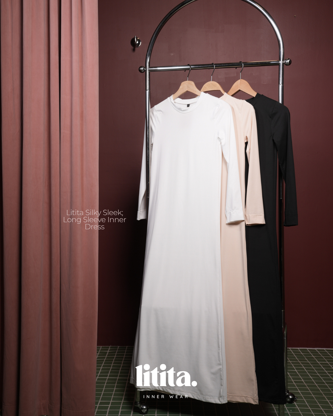 【Litita Silky Sleek】Inner Dress / Long-Sleeve Round Neckline innerwear - Black // White // Nude