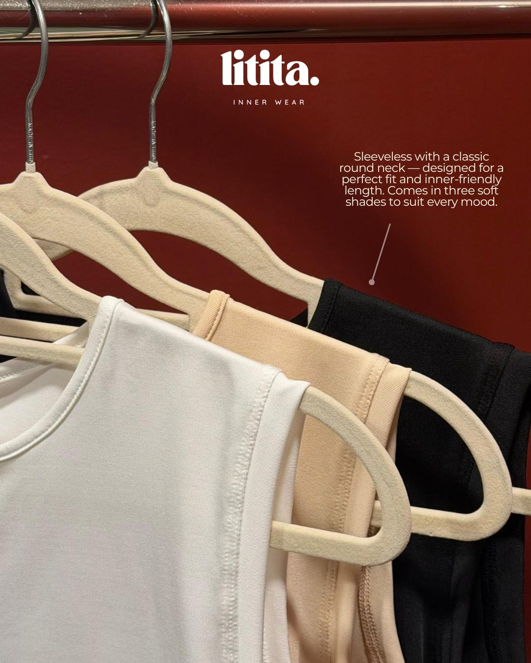 【Litita Silky Sleek】Tops / Sleeveless Round Neckline innerwear - Black // White // Nude