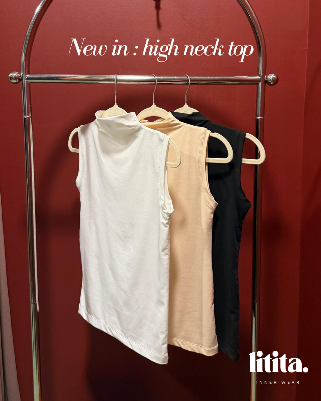 【Litita Silky Sleek】Tops / Sleeveless Turtle Neckline innerwear -Black // White // Nude