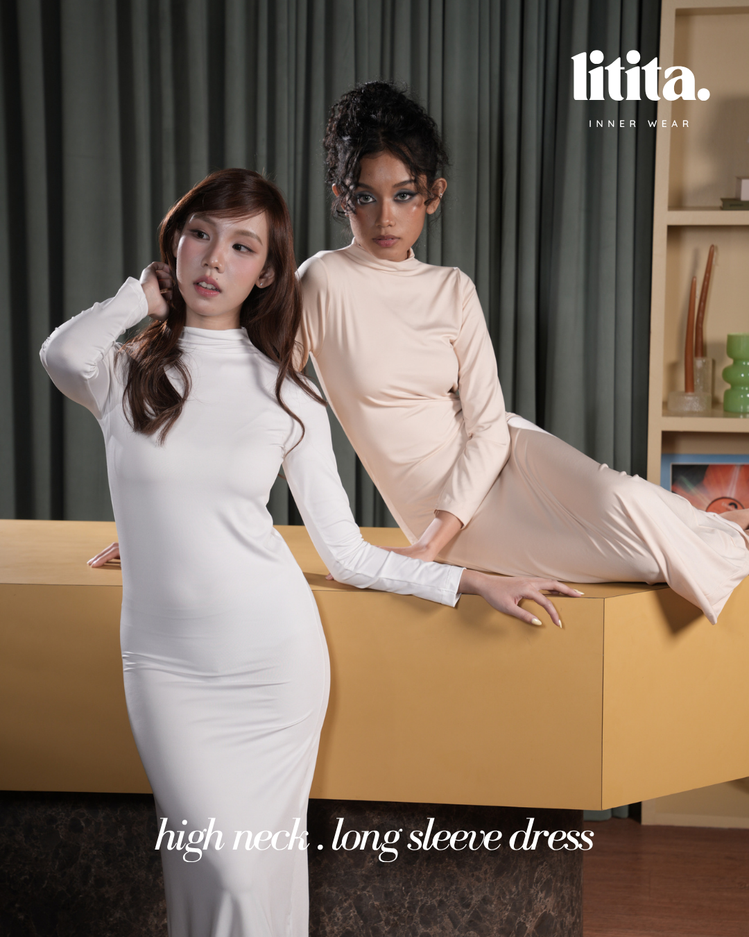 【Litita Silky Sleek】Inner Dress / Long-Sleeve  High Neck / Turtle Neckline innerwear / Wedding Inner- Black // White // Nude
