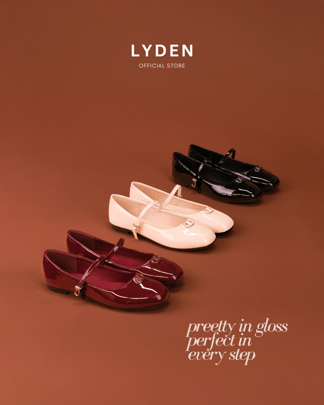 【NEW】Lyden Clara Glossy Strap Series Flats - Beige//Maroon//Classic Black