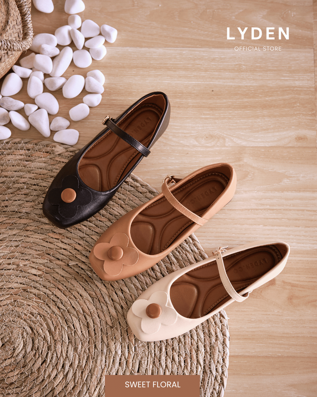 【Le Flowers The Secret Garden Series】No.4 Petal Strap Womens Flats/ Womens floral flats /Kasut Bunga Perempuan - Classic Black//Brown//Beige