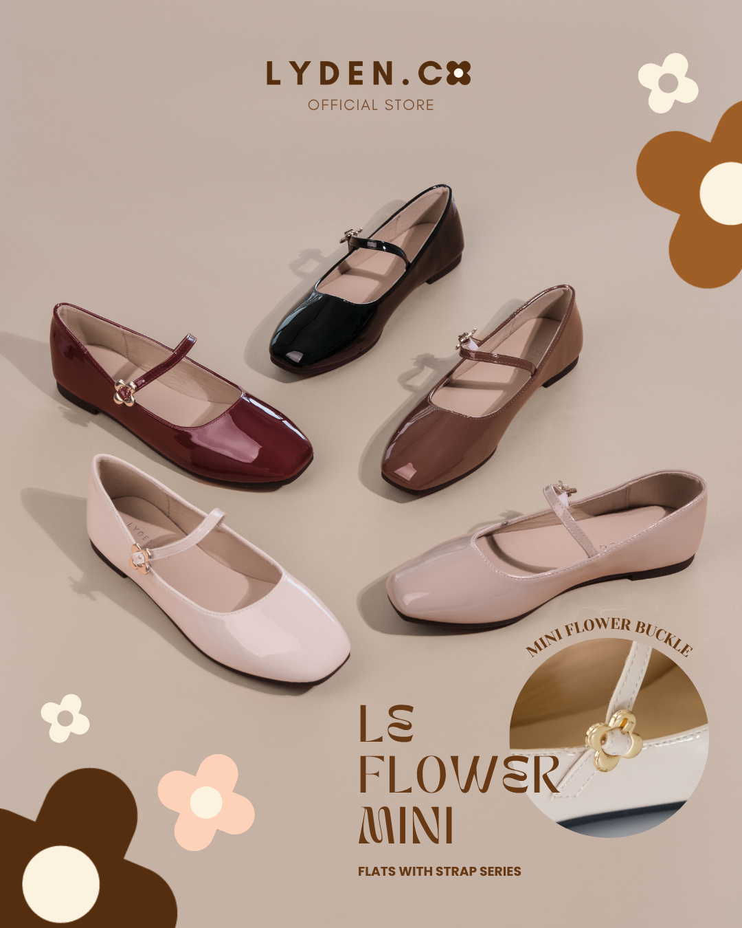 【NEW】【Le Flowers Mini】Flats with Strap Series - Beige//Khaki//Brown/Maroon//Classic Black