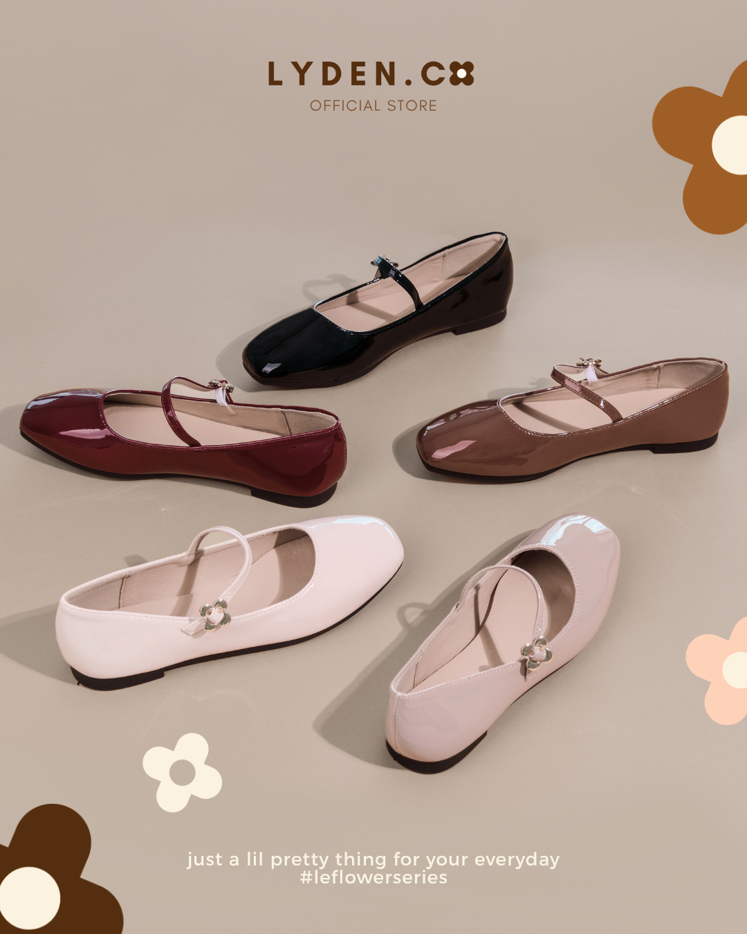 【NEW】【Le Flowers Mini】Flats with Strap Series - Beige//Khaki//Brown/Maroon//Classic Black