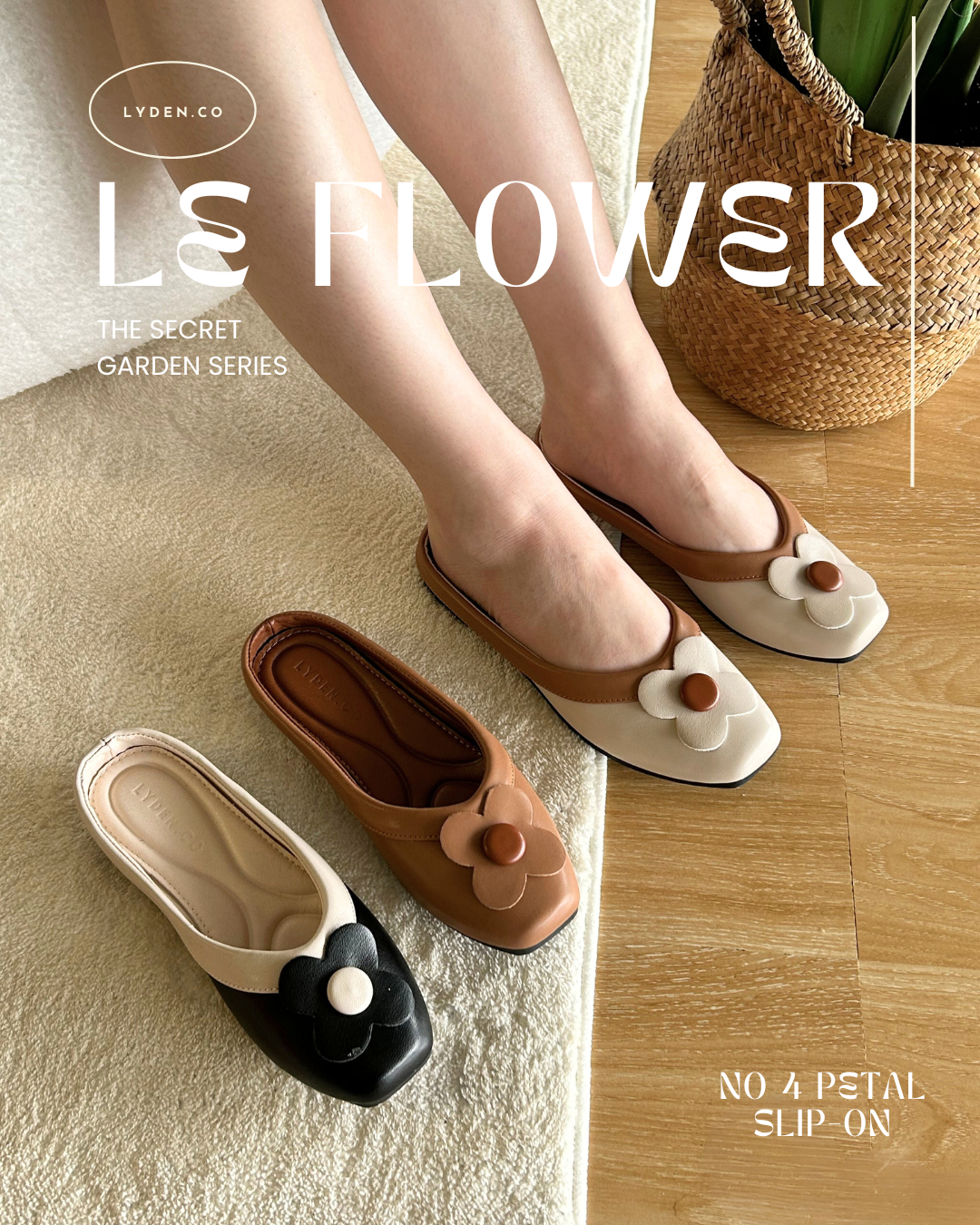 【Le Flowers The Secret Garden Series】No.4 Petal Slip-On Womens Flats/ Womens floral flats /Kasut Bunga Perempuan - Classic Black//Brown//Beige