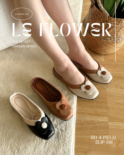 【Le Flowers The Secret Garden Series】No.4 Petal Slip-On Womens Flats/ Womens floral flats /Kasut Bunga Perempuan - Classic Black//Brown//Beige