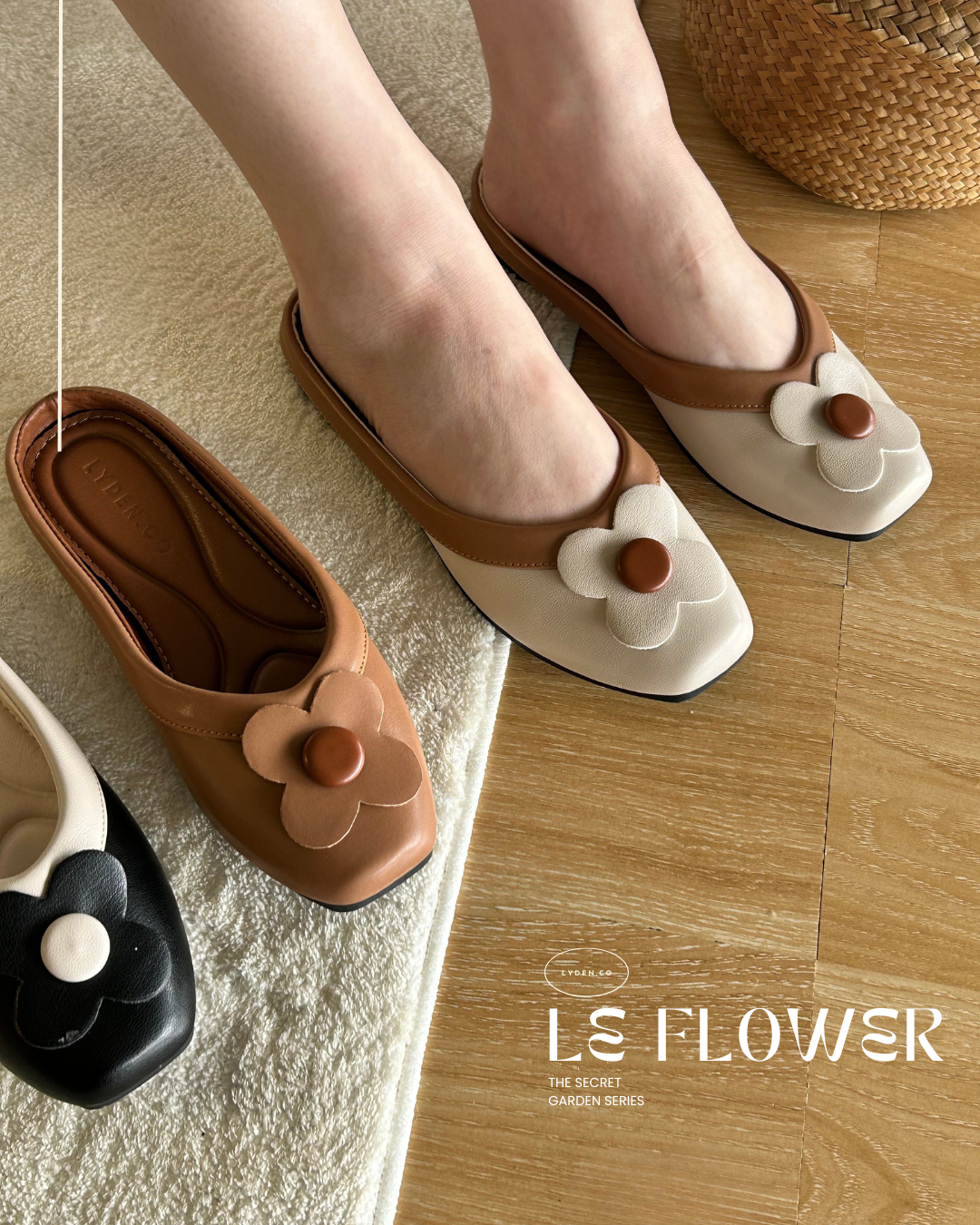 【Le Flowers The Secret Garden Series】No.4 Petal Slip-On Womens Flats/ Womens floral flats /Kasut Bunga Perempuan - Classic Black//Brown//Beige