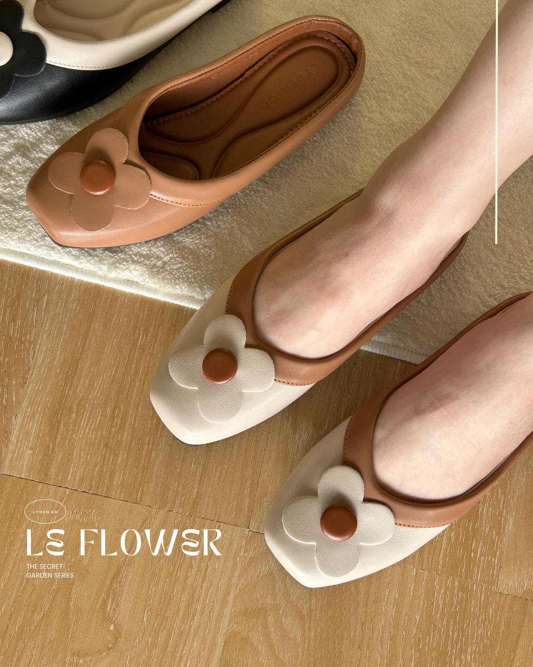【Le Flowers The Secret Garden Series】No.4 Petal Slip-On Womens Flats/ Womens floral flats /Kasut Bunga Perempuan - Classic Black//Brown//Beige