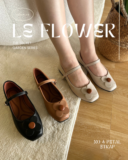 【Le Flowers The Secret Garden Series】No.4 Petal Strap Womens Flats/ Womens floral flats /Kasut Bunga Perempuan - Classic Black//Brown//Beige