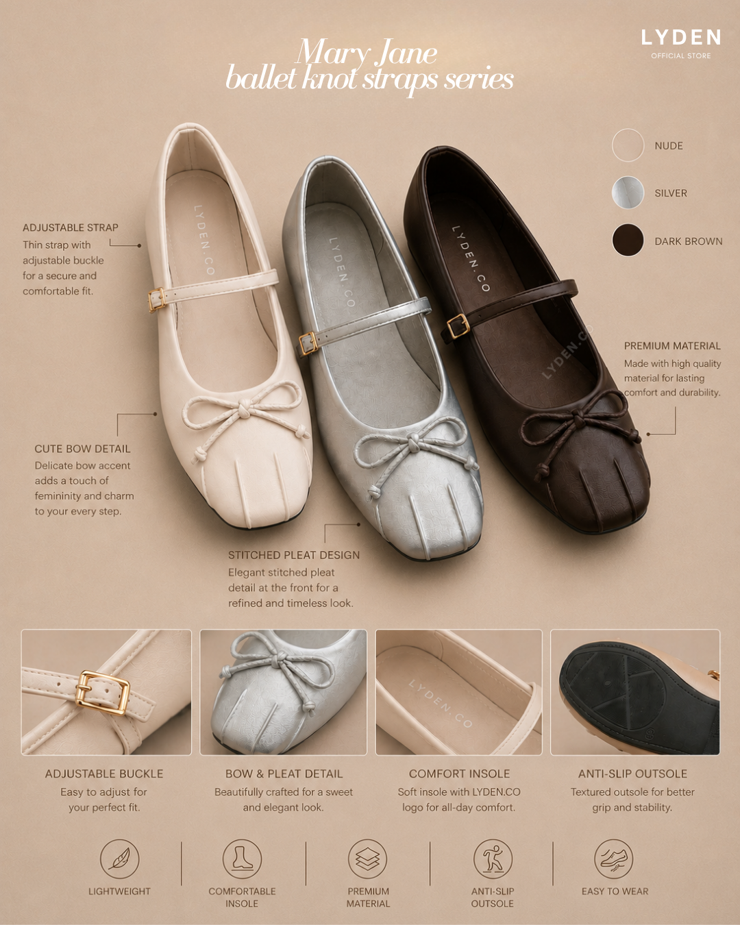 【NEW】Lyden Mary Jane Ballet Knot Strap Series Flats