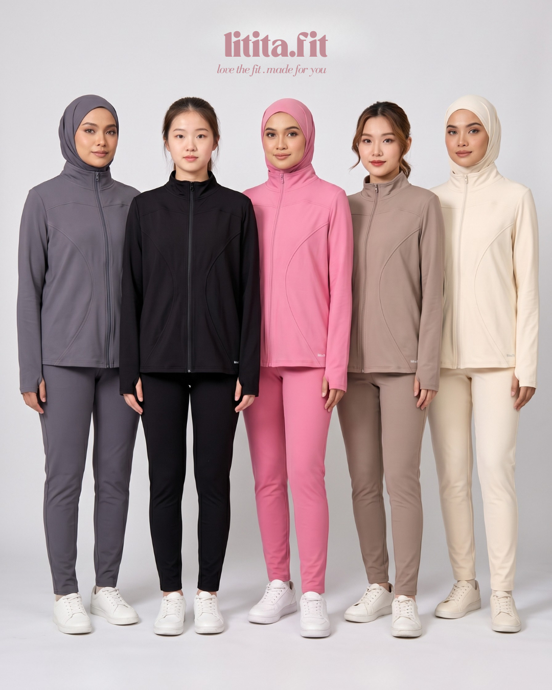 【LitaFit】Zip up Sports Jackets /Top Only / Medium Neck / Yoga Top - Black // Offwhite // Grey // Pink // LT Brown