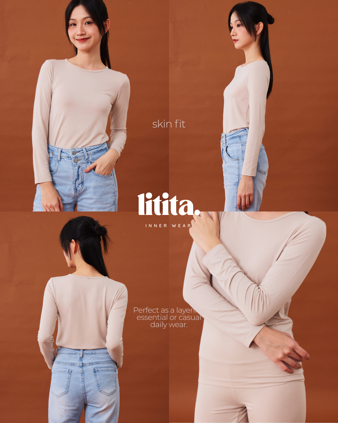 【Litita Cotton Cloud Silky Sheen】Tops / Long-Sleeve Round Neckline innerwear - Black//Pale Oak